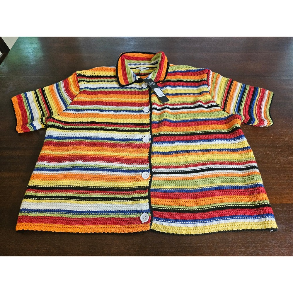 Fashion Nova Crochet Cardigan Women XL Multicolor Dreams Short Sleeve Stripe - Picture 3 of 9